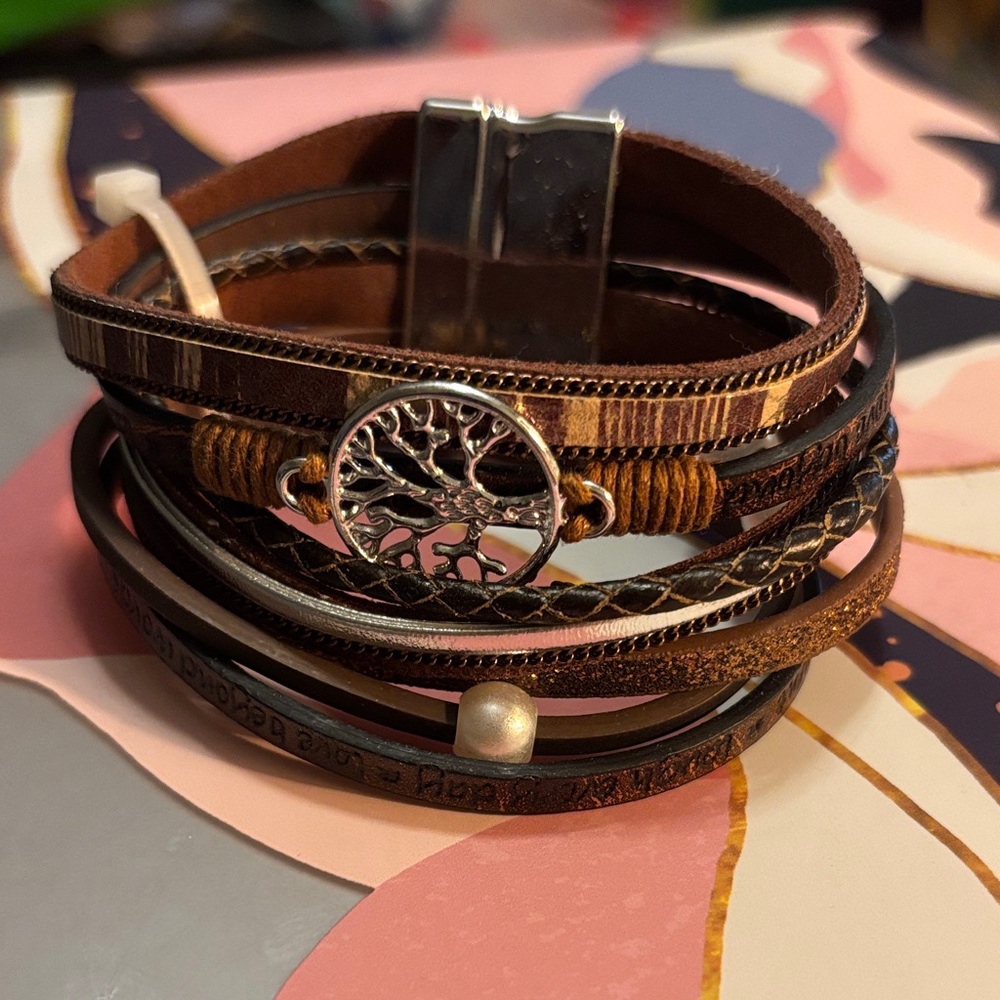 Multi-Strand Brown Tree of Life Leather Bracelet
